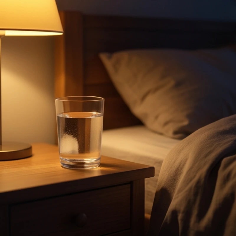 Mơ thấy con sâu: Điềm báo tốt xấu, số may mắn & mẹo ngủ ngon 6 Một ly nước ấm đặt trên bàn gỗ cạnh giường ngủ dưới ánh đèn vàng dịu nhẹ