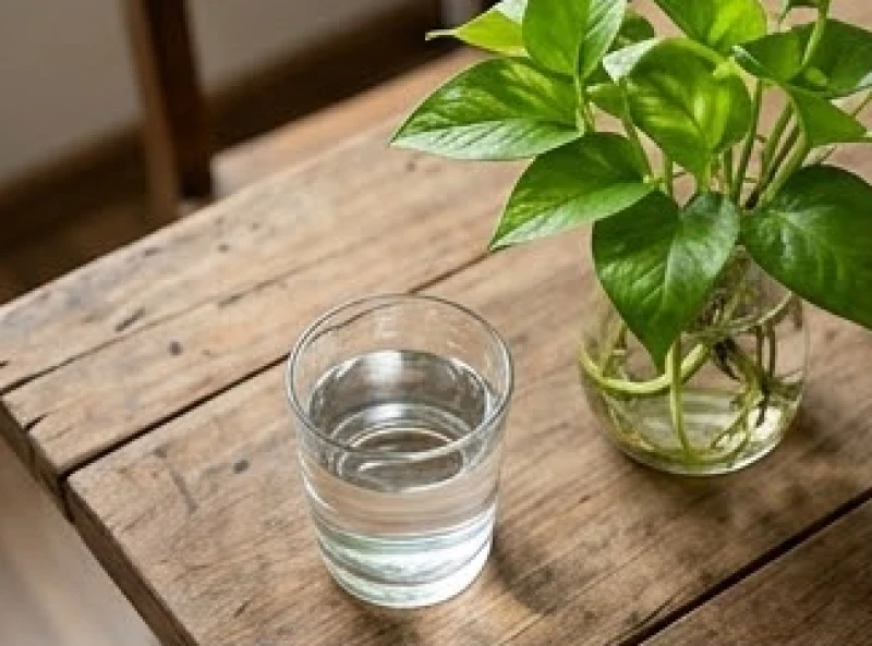 Mệnh Mộc là gì: Nạp âm, tính cách và cách ứng dụng phong thủy 5 Một ly nước lọc tinh khiết đặt trên chiếc bàn gỗ mộc mạc bên cạnh chậu cây trầu bà xanh tươi