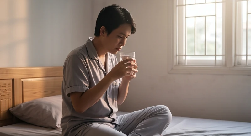 Người phụ nữ ngồi bên mép giường ôm cốc nước ấm tĩnh tâm sau cơn ác mộng