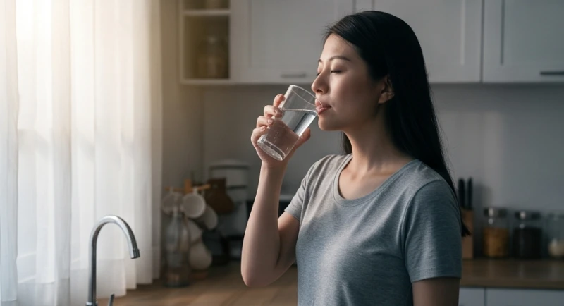 Phụ nữ uống một cốc nước lọc mát lạnh để bình tĩnh lại sau khi thức dậy từ cơn ác mộng