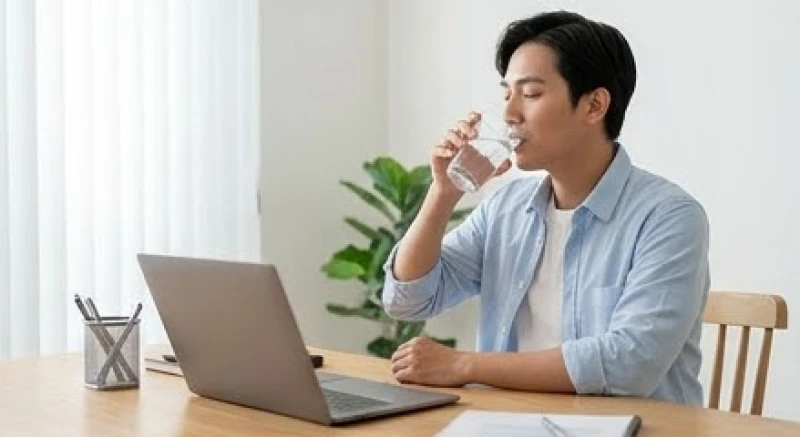 Chảy máu là điềm gì: Giải mã chi tiết và cách hóa giải 5 Một người đang uống cốc nước lọc mát lạnh bên góc làm việc để giải tỏa căng thẳng và giảm áp lực nội tiết