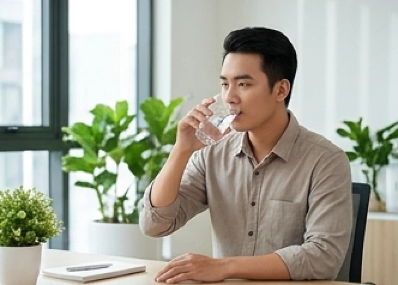 Một nam nhân viên văn phòng đang uống nước khoáng tại bàn làm việc để duy trì lượng nước cần thiết cho hệ bài tiết