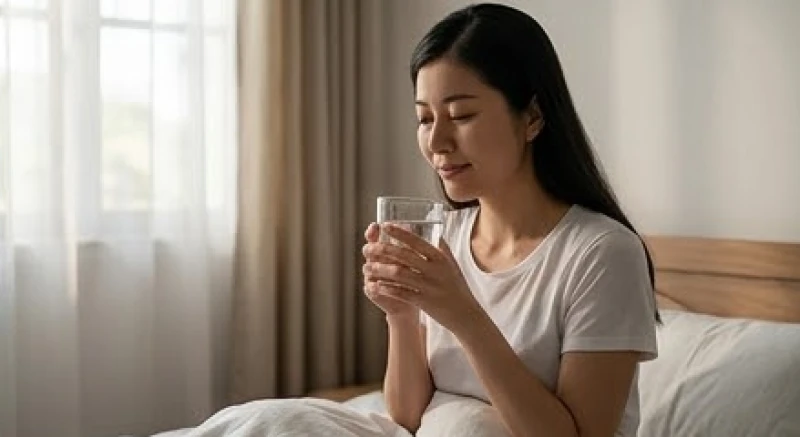 Cô gái trẻ ngồi trên giường uống một ly nước ấm để lấy lại bình tĩnh sau khi gặp cơn ác mộng căng thẳng