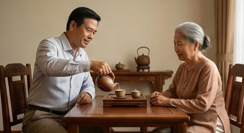 Con cháu pha trà mời người mẹ cao tuổi bên bàn gỗ truyền thống trong không khí gia đình ấm cúng