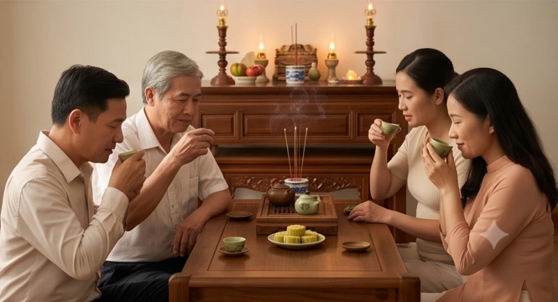 Văn khấn Bác Hồ tại nhà: Bài cúng và nghi lễ lập bàn thờ chuẩn 8 Các thành viên quây quần uống trà mạn bên ban thờ trong lúc chờ nhang tàn để chuẩn bị tạ lễ thụ lộc