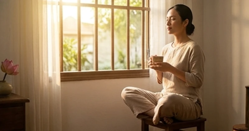 Nam thanh niên nhắm mắt thư giãn bên tách trà ấm để giải tỏa áp lực và tránh những quyết định bốc đồng.