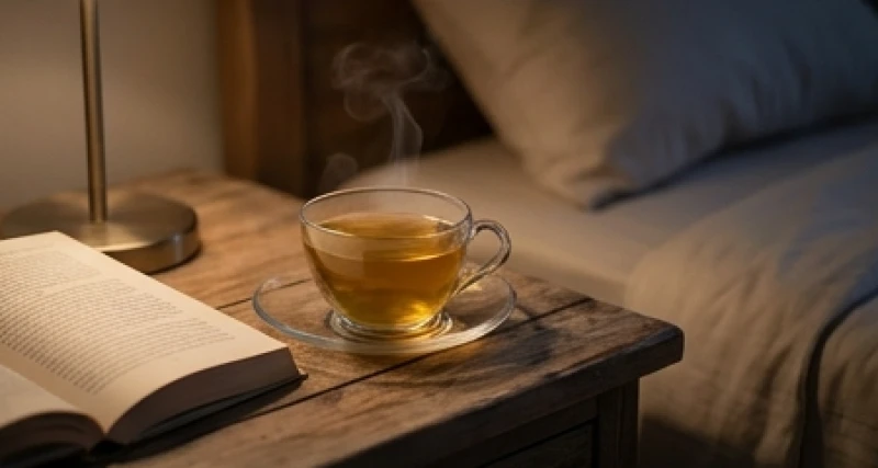 Một ly trà thảo mộc ấm nóng đặt trên bàn gỗ cạnh cuốn sách, giúp giải tỏa căng thẳng thần kinh trước giờ đi ngủ