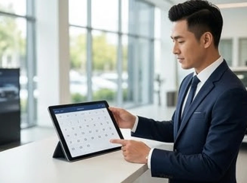 Người tư vấn bán hàng đang sắp xếp lịch hẹn ngày giao xe tốt trên máy tính bảng