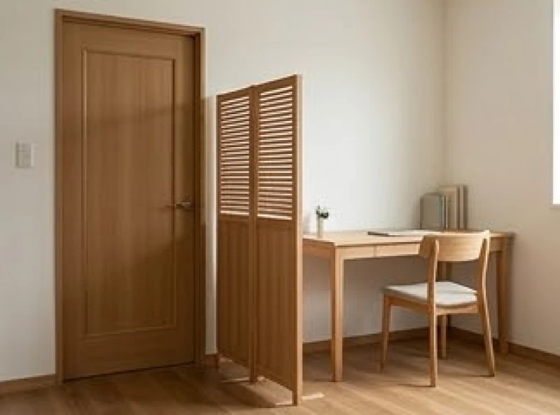 Một vách ngăn bằng gỗ nhỏ được đặt giữa cửa ra vào và bàn học để chắn sát khí trực tiếp
