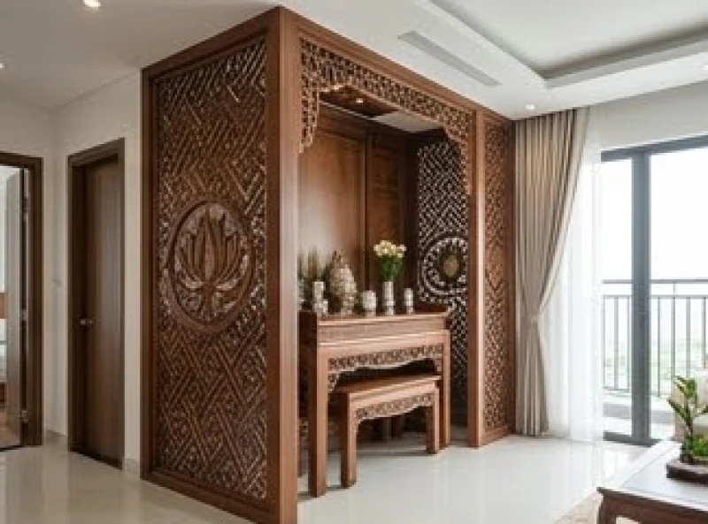 Hướng bàn thờ hợp tuổi Mùi: chuẩn 5 can chi và thước Lỗ Ban 7 Vách ngăn CNC họa tiết chữ vạn bằng gỗ mộc mạc bao quanh bảo vệ khu vực bàn thờ trong chung cư