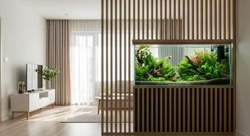 Bể cá phong thủy tuổi Mùi: Bố trí chuẩn ngũ hành nạp âm 6 Bể cá được bố trí khéo léo sau tấm bình phong gỗ để hóa giải luồng sát khí từ cửa xông vào