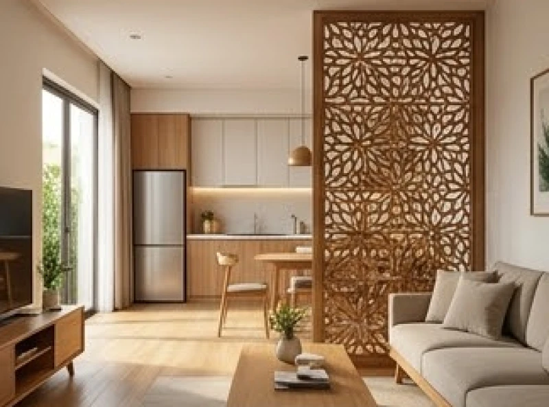 Những điều cấm kỵ trong phong thủy với tuổi Dần và cách hóa giải 8 Vách ngăn gỗ họa tiết CNC tinh tế được đặt giữa phòng khách và không gian phòng bếp