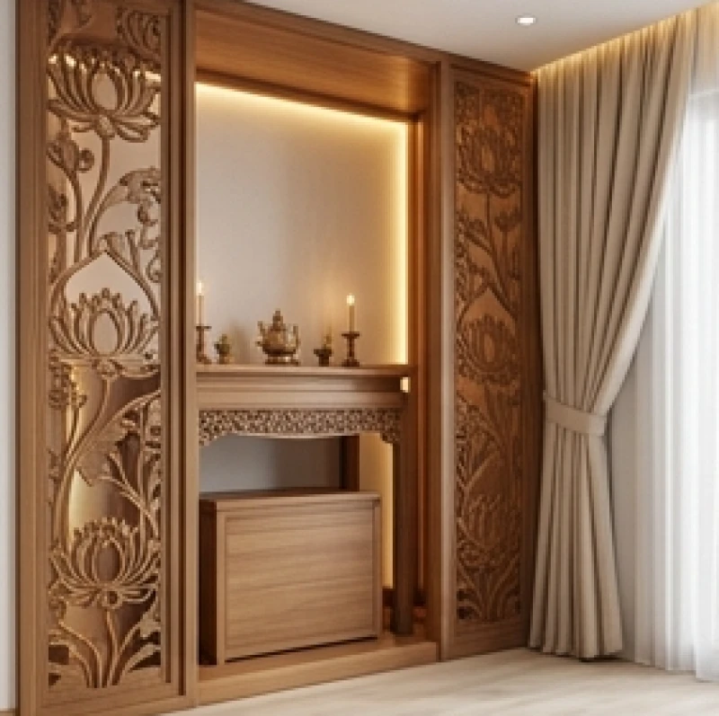 Hướng bàn thờ hợp tuổi Thân: Bảng tra Nam Nữ & kích thước chuẩn 8 Bàn thờ tại căn hộ chung cư được che chắn cẩn thận bằng vách ngăn CNC họa tiết hoa sen tinh xảo và rèm cản sáng