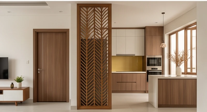 Hướng bếp hợp tuổi Thân: Sơ đồ tọa hung và cách trấn trạch 7 Vách ngăn CNC nghệ thuật được lắp đặt khéo léo để che chắn luồng khí xộc thẳng từ cửa chính vào khu vực bếp