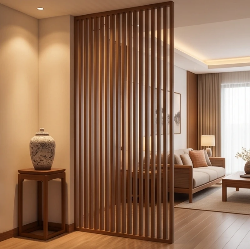 Vách ngăn bằng gỗ nghệ thuật giữa không gian hiên nhà và phòng khách