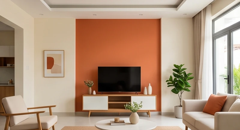 Mảng tường nhấn phía sau tivi được sơn màu cam đất tạo trọng tâm thị giác mạnh mẽ cho phòng khách của gia chủ mệnh Hỏa