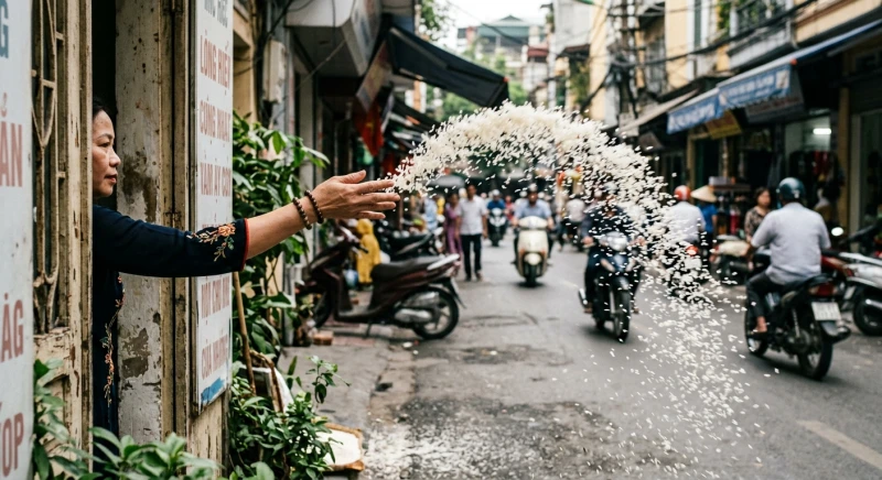 Hành động vãi tung những hạt gạo và muối trắng ra xa khỏi cổng công ty để thanh tẩy năng lượng tiêu cực