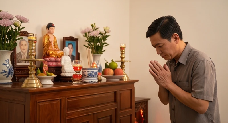 Gia chủ lui lại nửa bước và thành tâm chắp tay lạy ba lạy trước ban thờ Phật sau khi khấn xong