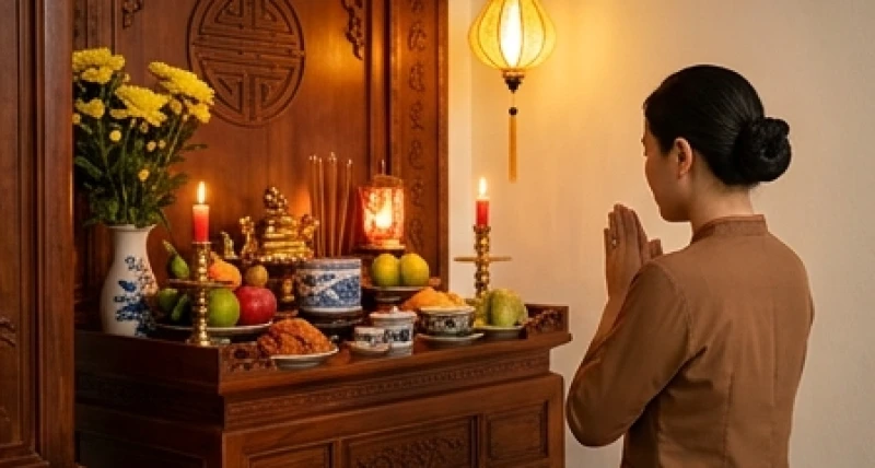Gia chủ chắp tay vái lạy trước bàn thờ sau khi hoàn tất bài văn khấn Thần linh và chuẩn bị khấn gia tiên