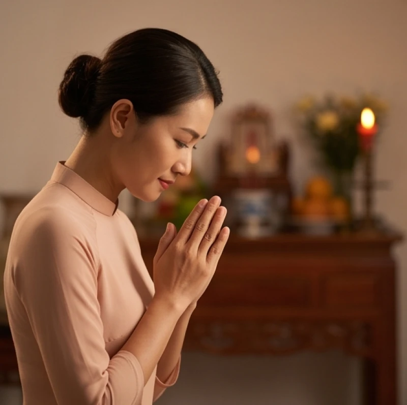 Người phụ nữ cúi đầu vái lạy nhẹ nhàng trước ban thờ để xin cáo lỗi vì đọc vấp