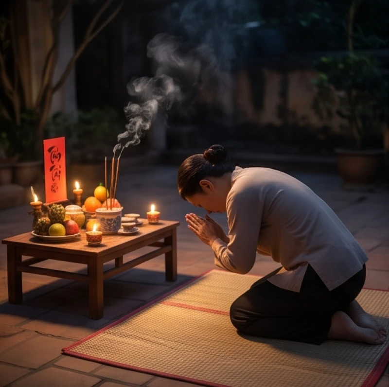 Văn khấn giải hạn Tam Tai đầu năm: Mẫu bài cúng và thủ tục xả hạn 6 Gia chủ chắp tay vái lạy thành kính trước mâm cúng rực sáng ánh đèn sau khi đọc xong lời khấn