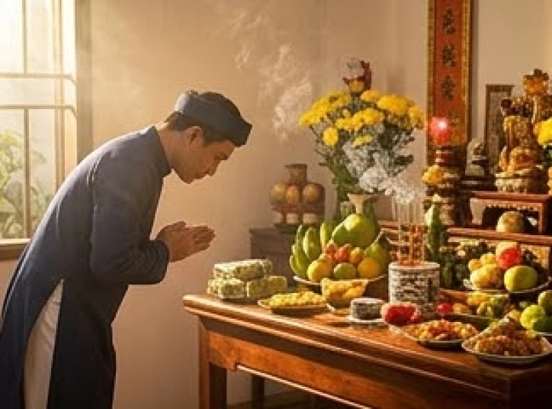 Văn khấn hóa vàng Tết: Bài cúng chuẩn và nghi lễ tạ gia tiên 7 Người đàn ông vái lạy sâu ba lần trước bàn thờ gia tiên để tạ lễ