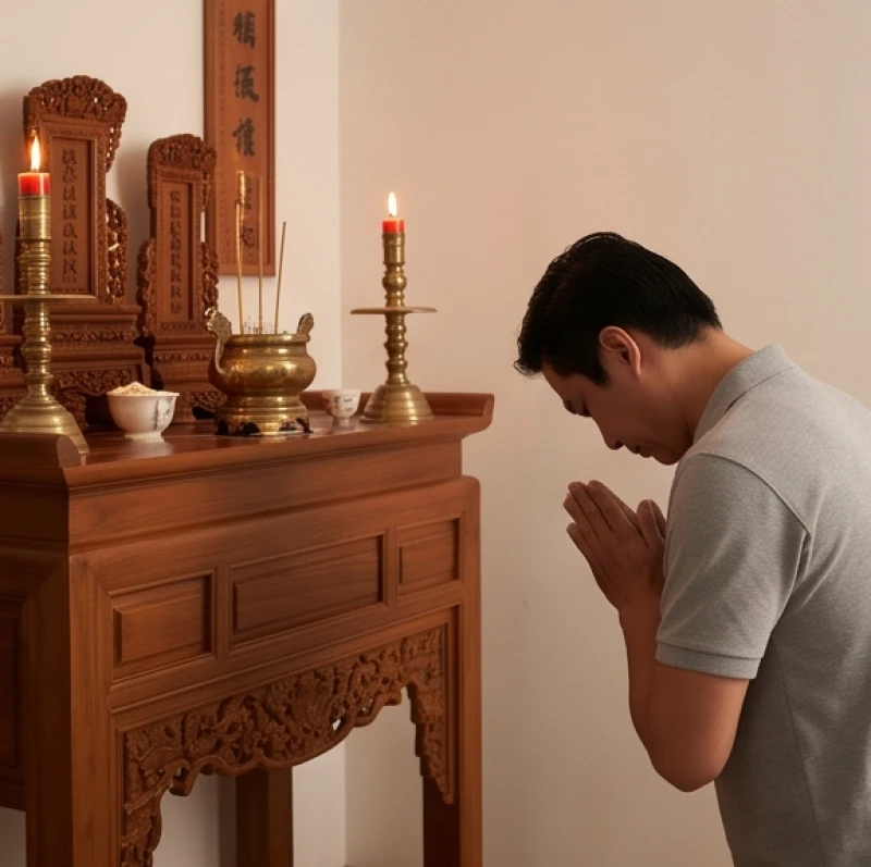 Gia chủ thực hiện nghi thức vái lạy từ tốn trước ban thờ gia tiên