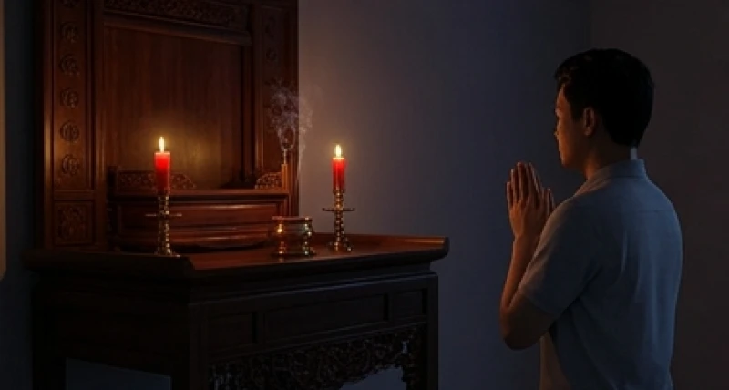 Văn khấn xin lộc gia tiên: Bài cúng làm ăn và nghi thức chuẩn 6 Gia chủ chắp tay xá vái tạ lỗi trước bàn thờ vì lỡ dâng lễ vào khung giờ muộn