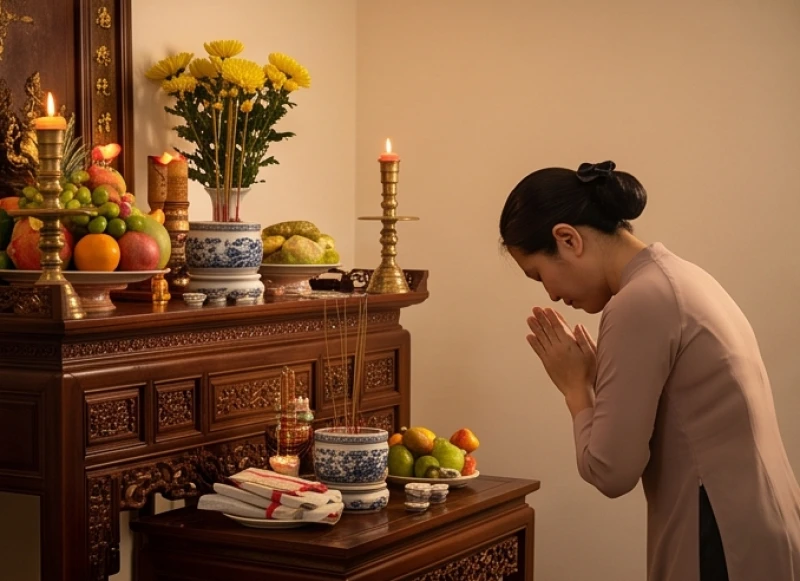 Văn khấn xả tang: Bài cúng chuẩn, sắm lễ và cách xử lý bàn thờ 9 Con cháu thực hiện nghi thức vái lạy thành kính trước linh vị sau khi hoàn tất bài văn khấn Tiểu Tường