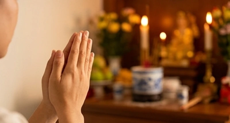 Văn khấn Thổ Công mùng 1 Tết: Bài cúng chuẩn và cách xưng thỉnh 6 Đôi bàn tay chắp lại thành tâm vái tạ trước bàn thờ Thổ Công khi lỡ đọc vấp lời khấn