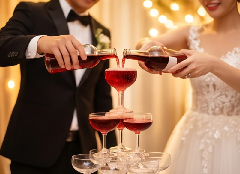Cô dâu và chú rể cùng rót rượu mừng hồng ngọc, thể hiện sự san sẻ và thấu hiểu trong mọi công việc hôn sự