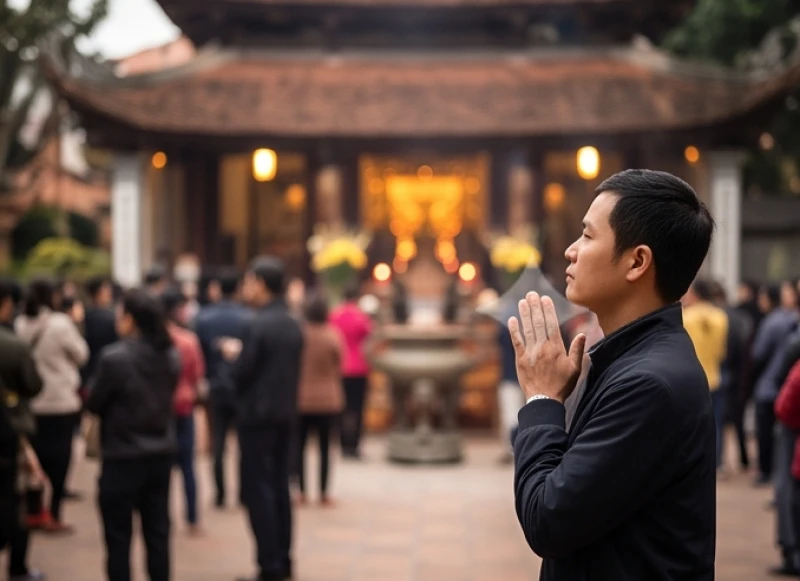 Văn khấn khi đi lễ đền: Chi tiết bài khấn Nôm và cách sắm lễ 11 Người phụ nữ đứng thành tâm chắp tay vái vọng từ xa ngoài sân khi không gian bên trong chính điện quá đông đúc