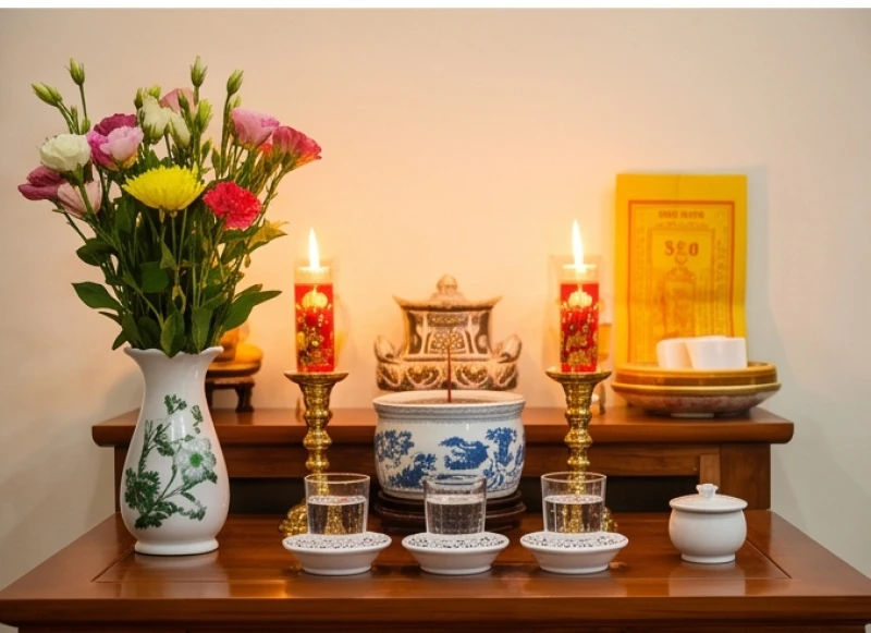 Ban thờ gia tiên được dọn dẹp sạch sẽ, thắp nến sáng để tín chủ thực hành nghi thức vái vọng