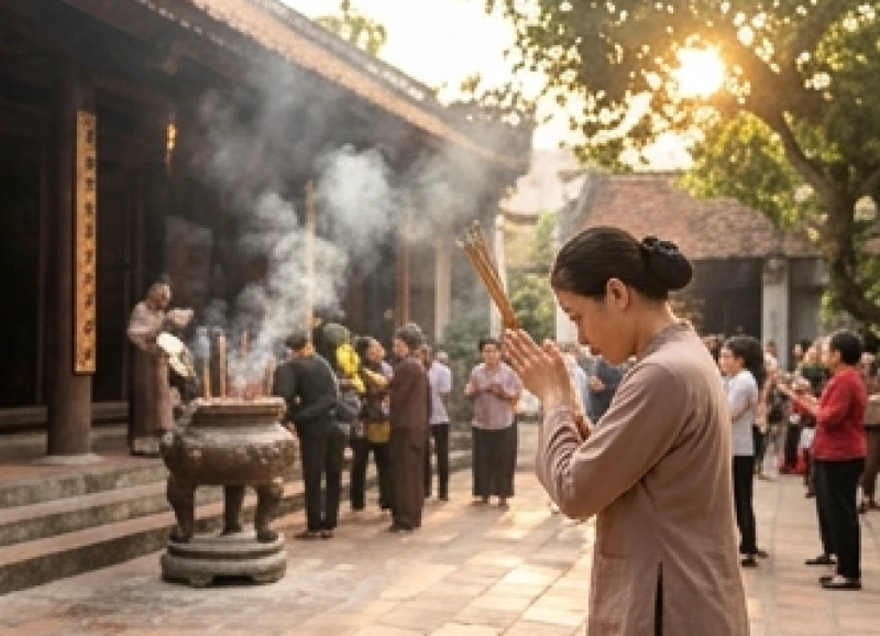 Văn khấn tại đền phủ: Trình tự dâng lễ & bài khấn chuẩn nghi lễ 7 Người đi lễ đứng chắp tay vái vọng từ sân đền hướng vào ban thờ chính trong ngày đông đúc
