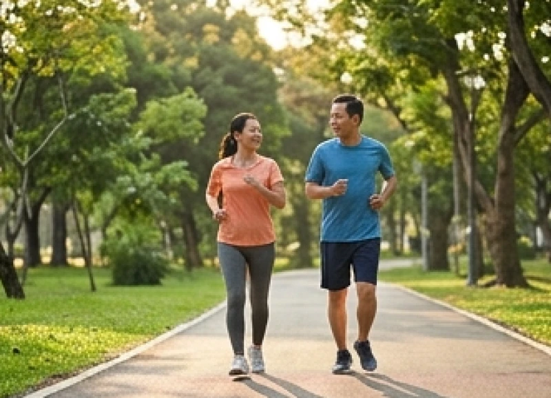 Sức khỏe tuổi Thân: Lịch khám y tế và thực đơn phòng bệnh 8 Người trung niên đi bộ nhẹ nhàng trong công viên để duy trì sự linh hoạt của cơ xương khớp