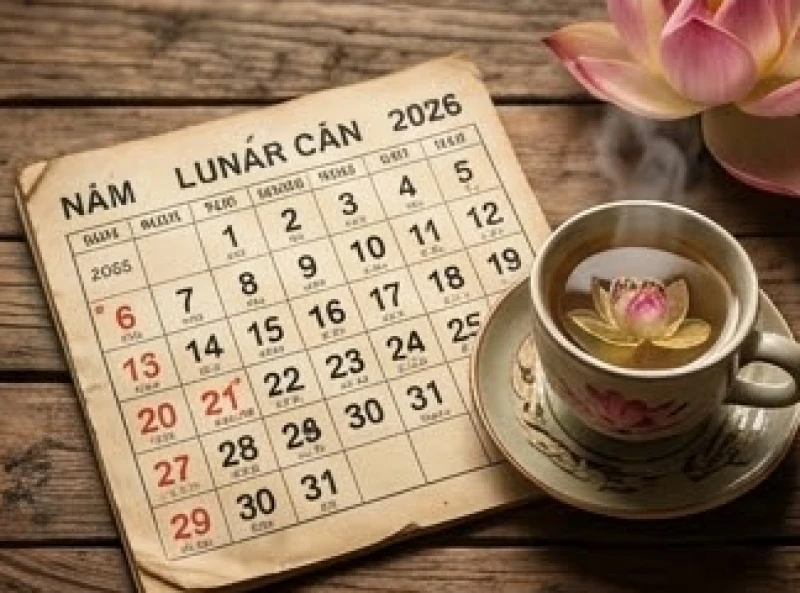 Cuốn lịch âm dương năm Bính Ngọ 2026 và tách trà sen trên chiếc bàn gỗ mộc mạc
