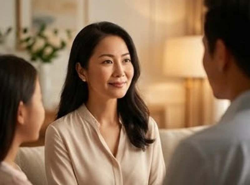 Nữ giới tuổi 1987 ở độ tuổi trung niên nở nụ cười mãn nguyện khi ngắm nhìn thành quả sự nghiệp và gia đình