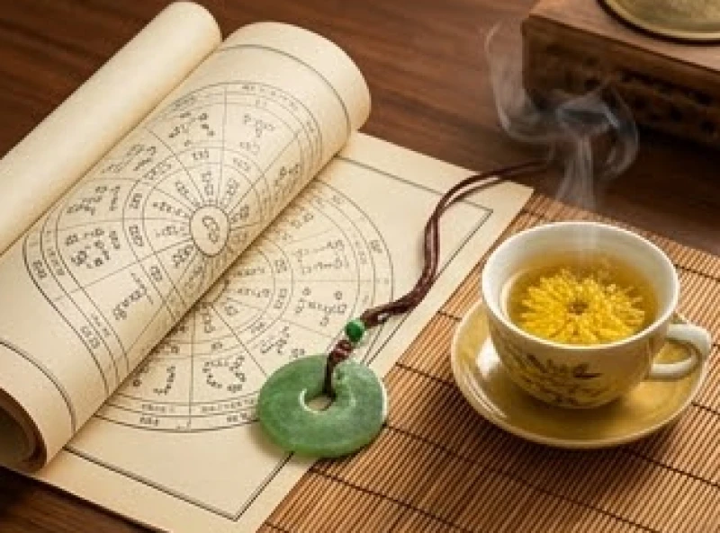 Tuổi Ất Tỵ 2025: Tử vi vận hạn và phong thủy chi tiết 4 Lá số tử vi và chuỗi ngọc bội bằng cẩm thạch xanh đặt cạnh tách trà hoa cúc nóng hổi
