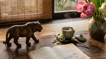 Bảng tra cứu vận hạn tuổi Dần năm 2026 cùng các gợi ý hóa giải phong thủy đặt cạnh bình hoa sen truyền thống trên bàn gỗ