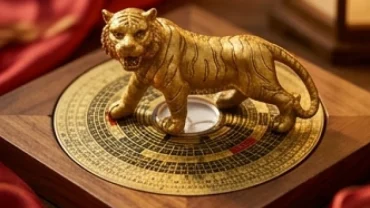 Tượng hổ vàng phong thủy đặt trên la bàn tử vi đại diện cho vận hạn tuổi dần năm 2026