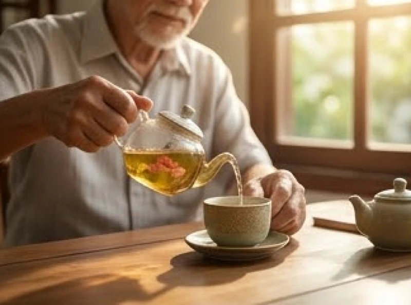 Người đàn ông cao tuổi đang thưởng thức trà hoa sen tĩnh tâm trong phòng khách