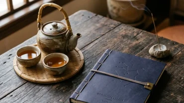 Cuốn sổ tử vi và lá bùa bình an trên bàn gỗ trầm hương mang ý nghĩa hóa giải vận hạn tuổi mùi năm 2026