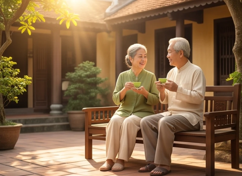 Tử vi tuổi Quý Mão 1963 năm 2027: Bài bản giải sao và 12 tháng 1 Ông bà lão người Việt ngồi uống trà thanh tịnh, tượng trưng cho gia đạo bình an của tuổi Quý Mão 1963