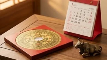 La bàn phong thủy và cuốn lịch dự báo cục diện vận hạn tuổi Sửu năm 2027 trên bàn gỗ
