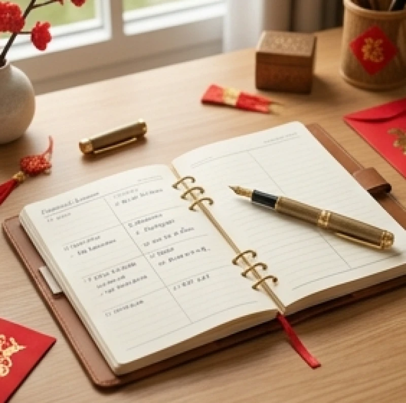 Sổ tay kế hoạch tài chính và phong bao lì xì đỏ thể hiện việc chuẩn bị cho vận hạn tuổi Tý