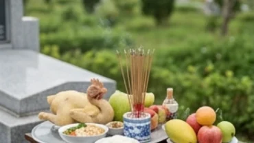 Mâm lễ tươm tất dâng trong nghi thức đọc văn khấn 100 ngày ngoài mộ thể hiện lòng hiếu kính