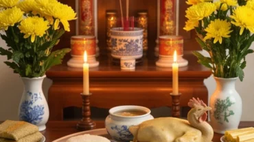 Gia chủ đứng trước bàn thờ gia tiên chuẩn bị mâm lễ và đọc bài văn khấn 100 ngày tại nhà