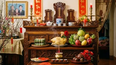 Gia chủ chuẩn bị mâm cỗ mặn truyền thống và đọc văn khấn 30 tết trước ban thờ gia tiên trang nghiêm