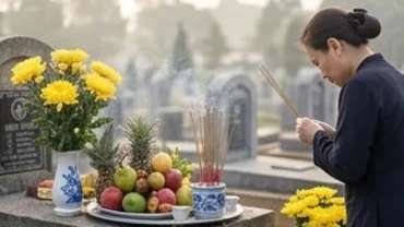Mâm lễ cúng và người nhà đang đọc văn khấn 49 ngày ngoài mộ trong không gian nghĩa trang yên tĩnh