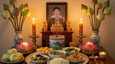 Bàn thờ vong trang nghiêm với mâm lễ cúng và văn khấn 49 ngày tại nhà